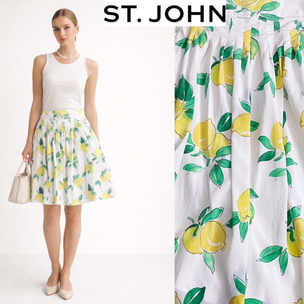 St. John Silk Lemon Leaf Pleated Skirt Aline Preppy Southern Resort Preppy Sz 12